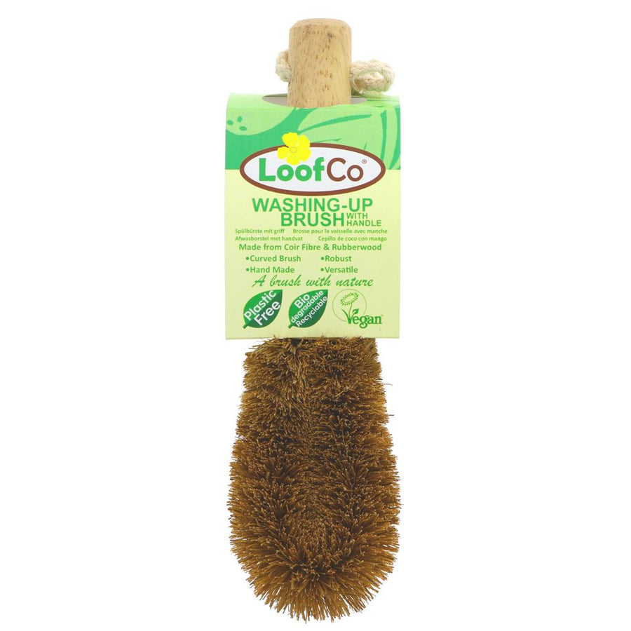 washing up brush made with coconut fibres. Has a wooden handle.