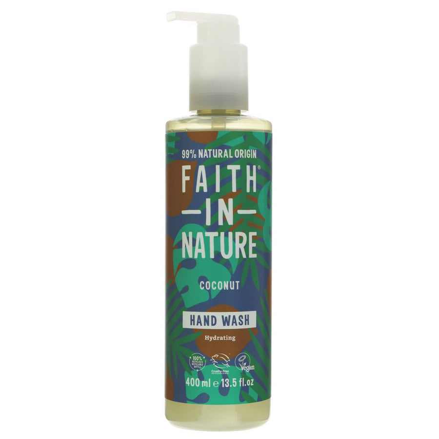 A 400ml bottle of faith in nature hand soap. Beautiful brown, blue and green leave decoration on the label. 