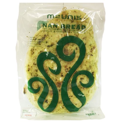 a plastic packet with green writing containing two nan bread