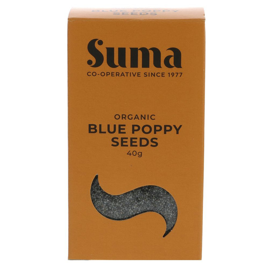 Small organic cardboard box containing blue poppy seeds. Organic & vegan