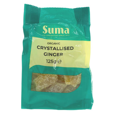 Organic chunks of crystallized ginger, ideal for snacking and as a culinary ingredient - great in puddings! Organic. 125g