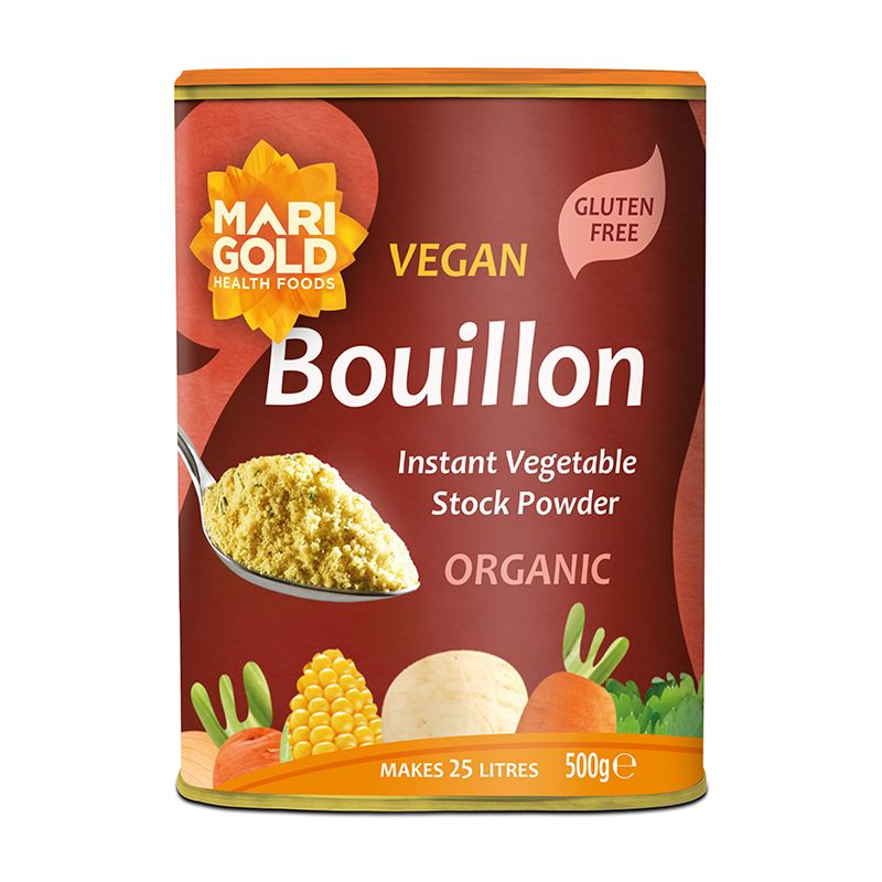 Tub of organic bouillon instant vegetable stock powder. 