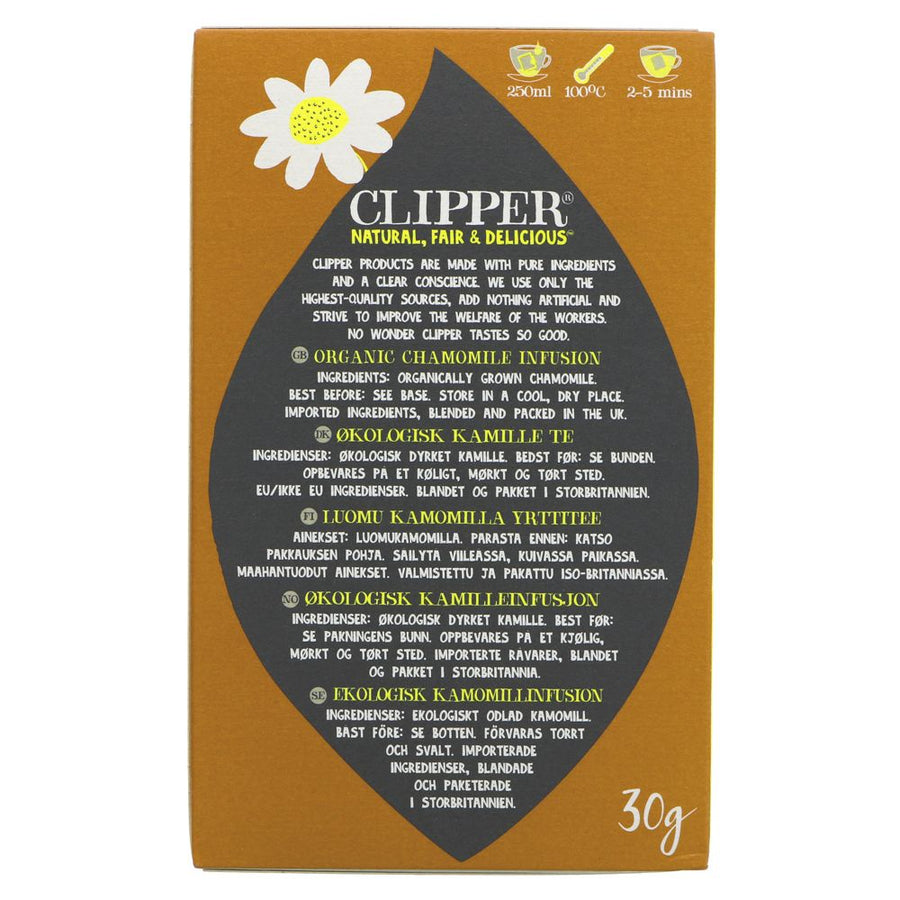 Featured image displaying box of Clipper Organic Chamomile Tea ingredients and brewing info