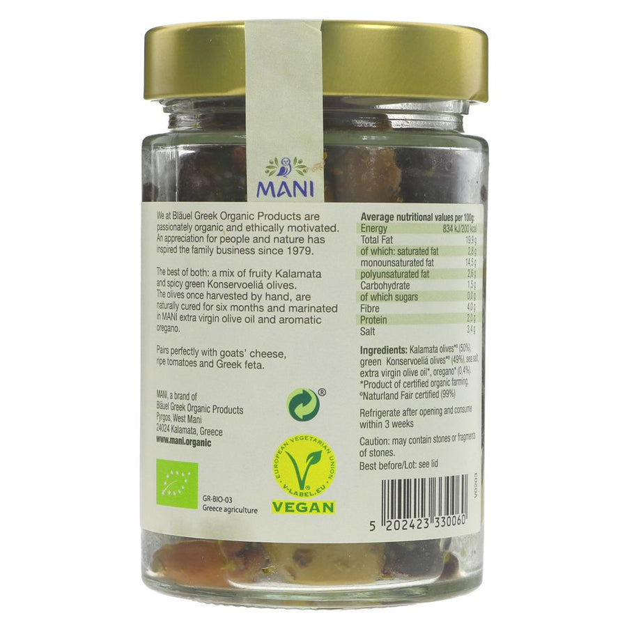 Featured image displaying jar of Mani Organic green and kalamata olives