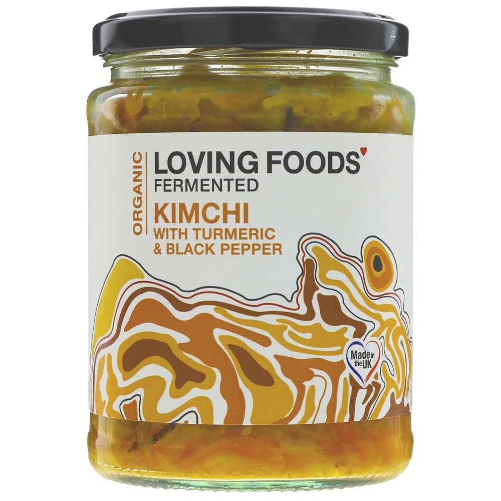 Tasty Black Pepper and Turmeric Organic Kimchi is inspired by Korea, where fermenting vegetables and spices creates the superfood, kimchi. Loving Foods adds Celtic sea salt together with a wide variety of organic vegetables, herbs and spices. This one has a smooth-but-peppery twist. Buy turmeric kimchi to use as a delightful side dish with your meals. Great with any meat or tofu. Organic. 475g