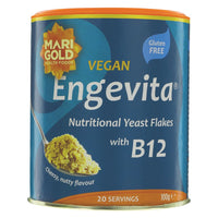 Marigold's glorious Engevita yeast flakes with B12 provide a rich source of B vitamins and minerals. It is a natural food grown on fortified beet molasses. Delicious dissolved in water, milk, fruit/vegetable juices or sprinkled on soups stews and casseroles and cereals to enhance their flavour. Engevita yeast flakes with B12 are also vegan and gluten free. This product is Fairly traded, is Gluten-free and is Vegan. 100g