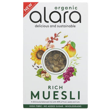 Photo shows a box of Alara Organic Rich Muesli. plastic free packaging. 500g