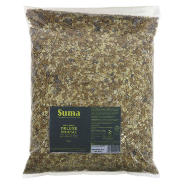 a 3kg bag of deluxe muesli with sultanas, dates and sunflower seeds. organic