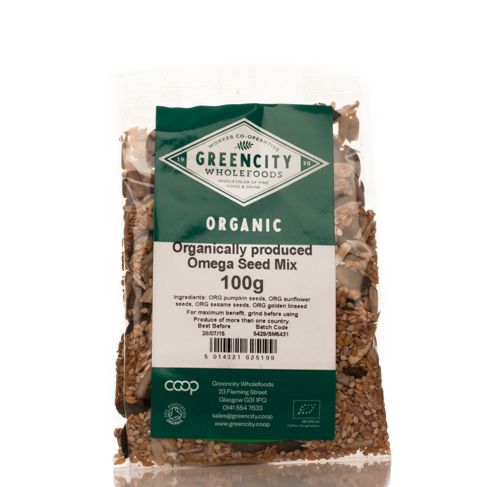 A clear bag with green and white label - organically produced omega seed mix