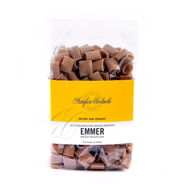 Featured image displaying bag of Pastificio Carleschi stoneground wholegrain emmer mezzi rigatoni
