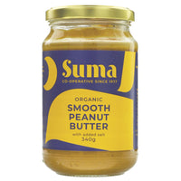 A clear jar of smooth organic peanut butter with added salt. Yellow and blue label