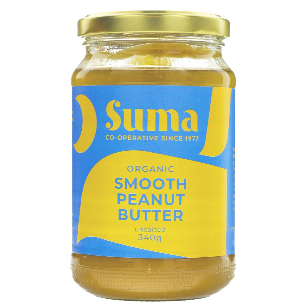 Clear jar of organic unsalted smooth peanut butter. Light blue label with yellow design. 