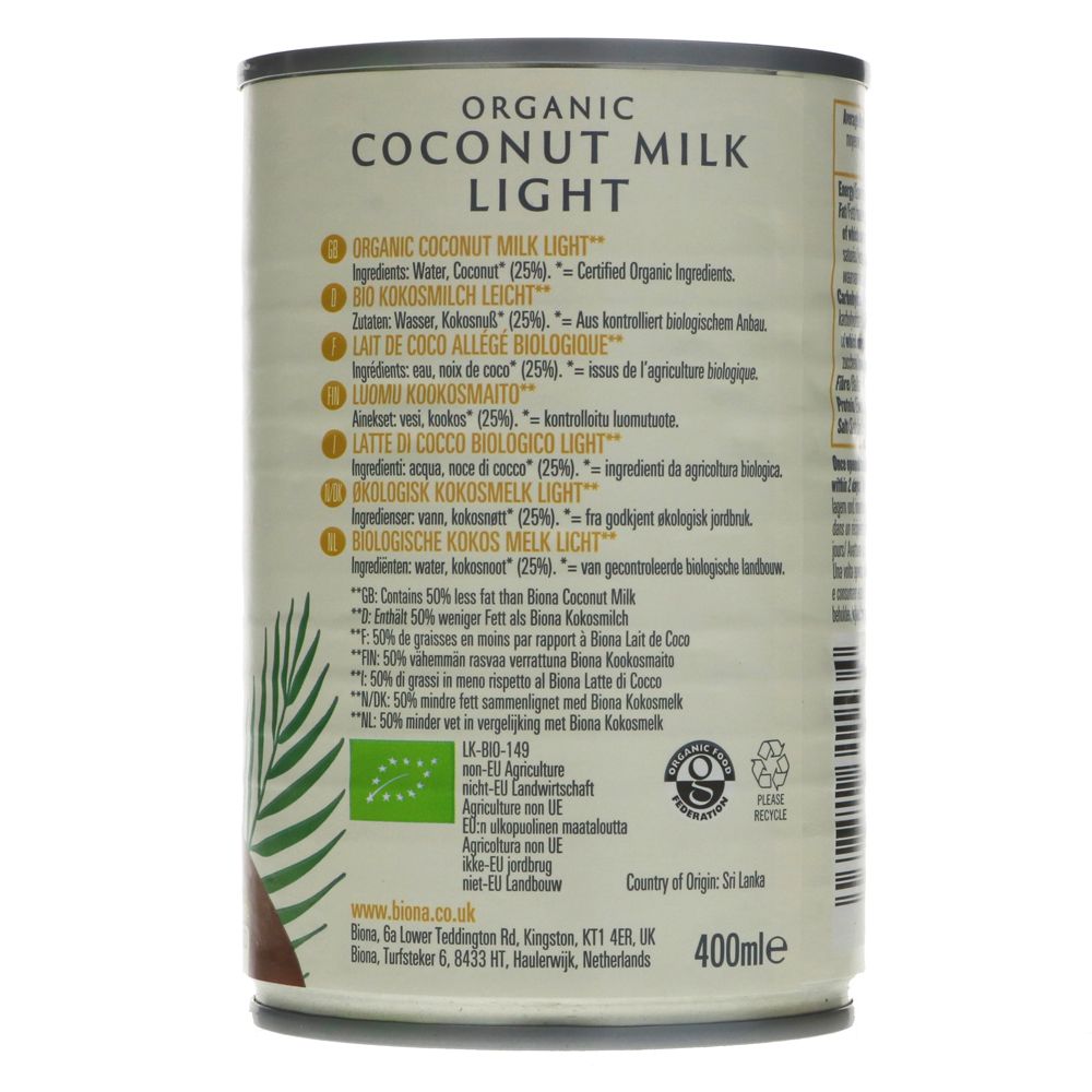 Featured image displaying tin of Biona Organic Light Coconut Milk displaying the ingredients and dietary labels.