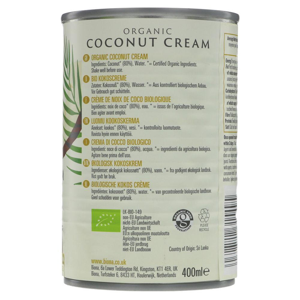 Featured image displaying Biona Organic Coconut Cream with ingredients and dietary labels.