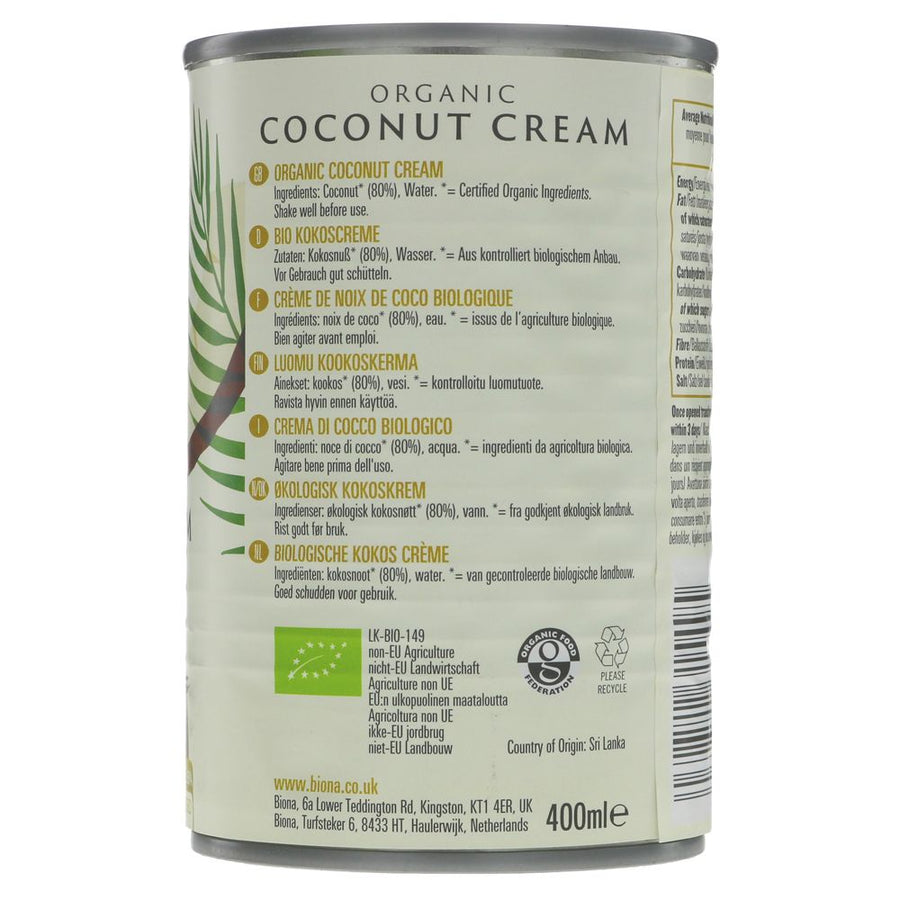 Featured image displaying Biona Organic Coconut Cream with ingredients and dietary labels.