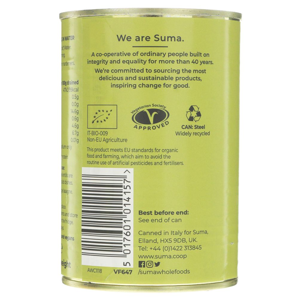 Featured image displaying tin of Suma Organic Green Lentils with description and organic standards labels