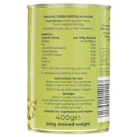 Featured image displaying tin of Suma Organic Green Lentils with ingredients, nutrition info, cooking instructions, and storage info.