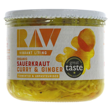 Brimming with sunshine, this vibrant, warmly spiced sauerkraut has been flavoured with aromatic curry spices and punchy ginger. Organic. 410g