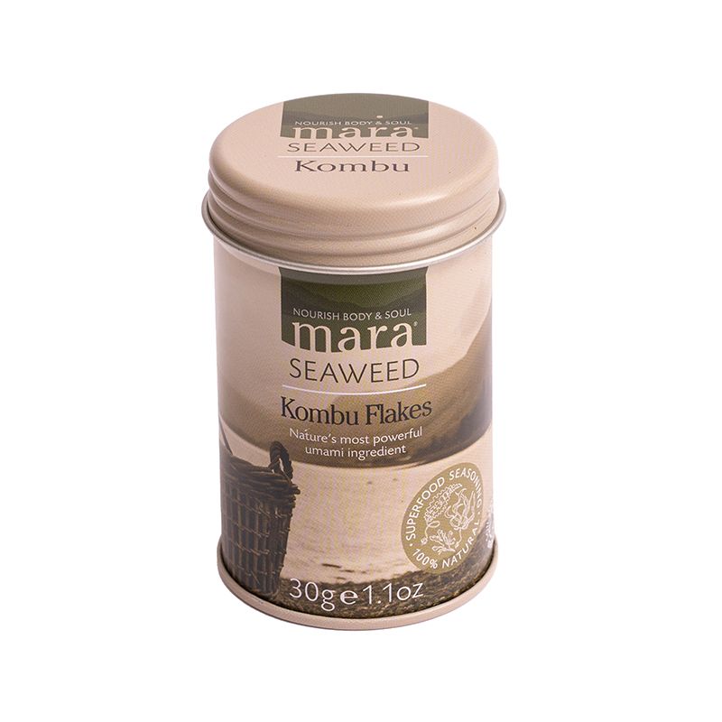 Featured image displaying tin of Mara kombu seaweed flakes