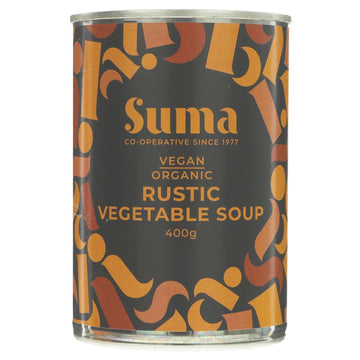 A tin of organic rustic vegetable soup.