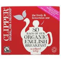 Clipper Organic Fairtrade English Breakfast Tea extremely special blend of the finest organic Assam and Ceylon teas has a full refreshing flavour that's welcome at any time of day. Individually wrapped for freshness and never add anything artificial. Fair Trade & Organic Plastic Free non GM tea bags. 80 B