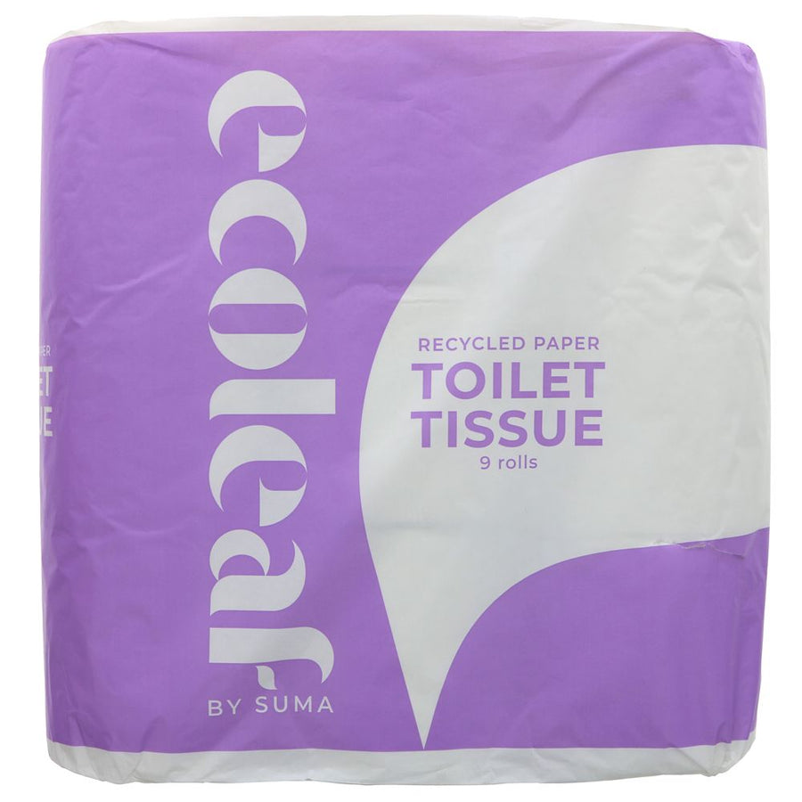 A 9 pack of ecoleaf toilet rolls. Purple and white packaging