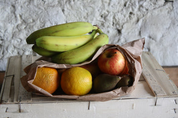 A series of photos of the large fruit bag which usually contains apples, bananas, oranges and pears