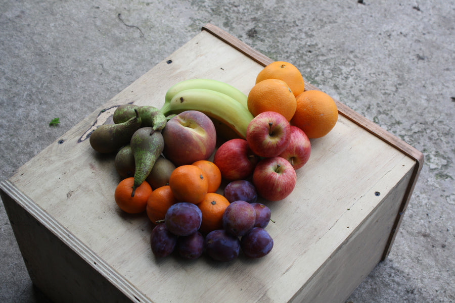 A series of photos showing the Medium Fruit box. Contains approximately 5-8 varieties of fruit. Great as a supplement to a veg box, for the office, or a healthy snack for the kids....