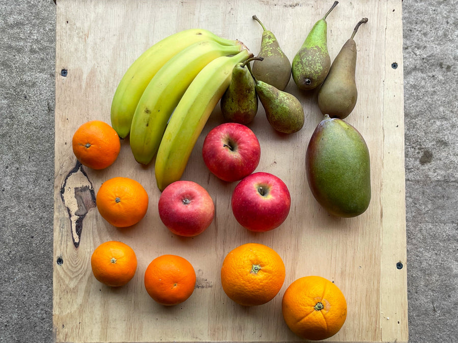 A series of photos of the small fruit box which contains approximately 5 varieties of fruit. Great as a supplement to a veg box, for the office, or a healthy snack for the kids...