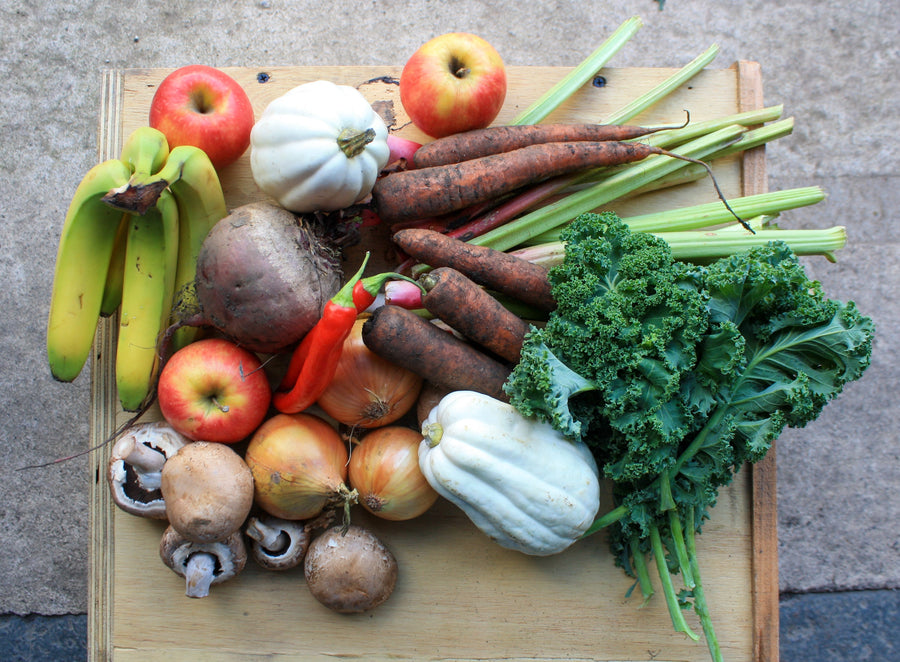 A series of photos of the Small Mixed Box. Contains approximately 5 types of fruit & veg