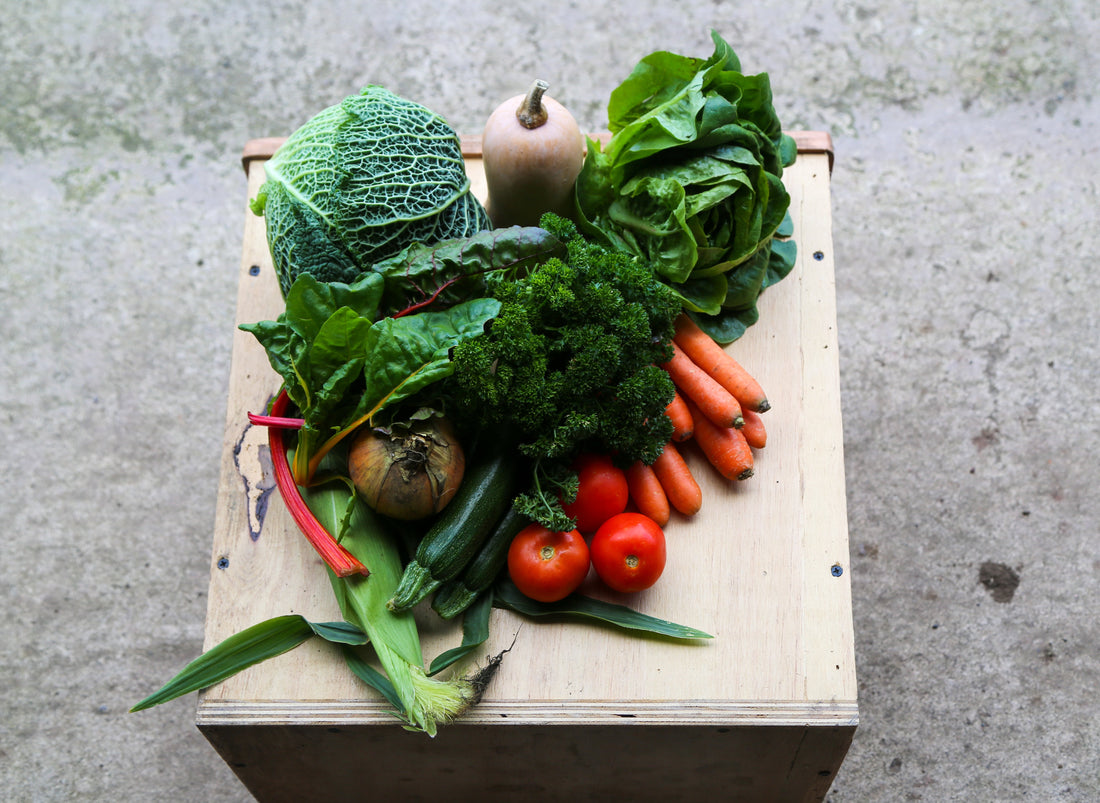 A selection of photos which show a Small Veg Only Box, Includes a selection of 5-7 types of vegetables.