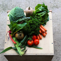 A selection of photos which show a Small Veg Only Box, Includes a selection of 5-7 types of vegetables.