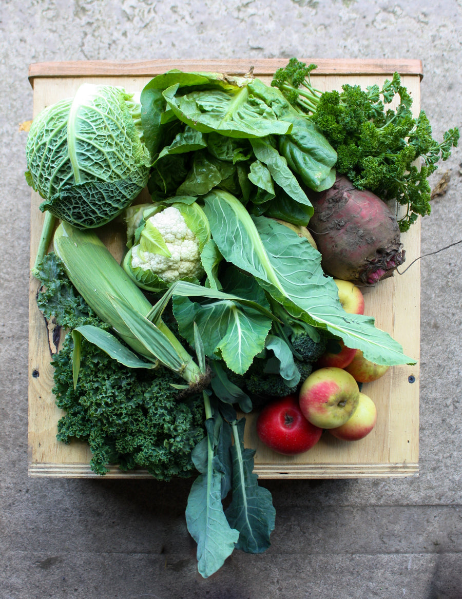 A series of photos of the UK box. This is usually a veg only box, and contains 5-8 different types of veg grown in the UK. When UK rhubarb, apples, pears and plums are in season, may contain these!