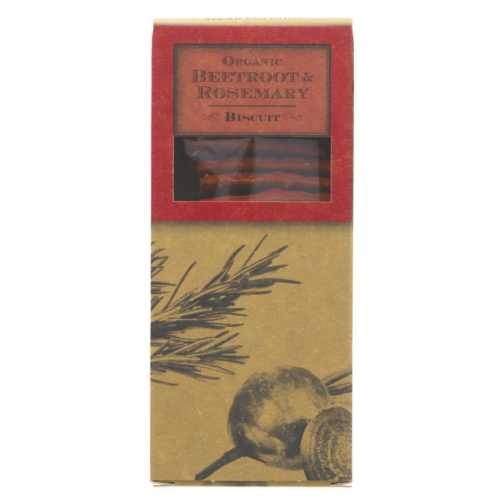 A cardboard box of beetroot and rosemary biscuits