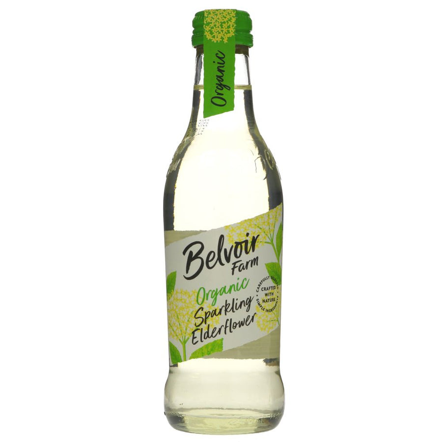 A glass bottle of sparkling elderflower presse with a metal lid