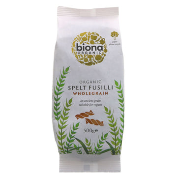 A white paper bag of wholegrain spelt fusilli