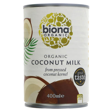 A white tin of organic coconut milk