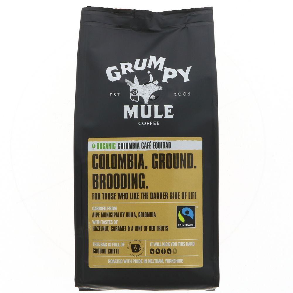 A black bag of ground coffee with a yellow label