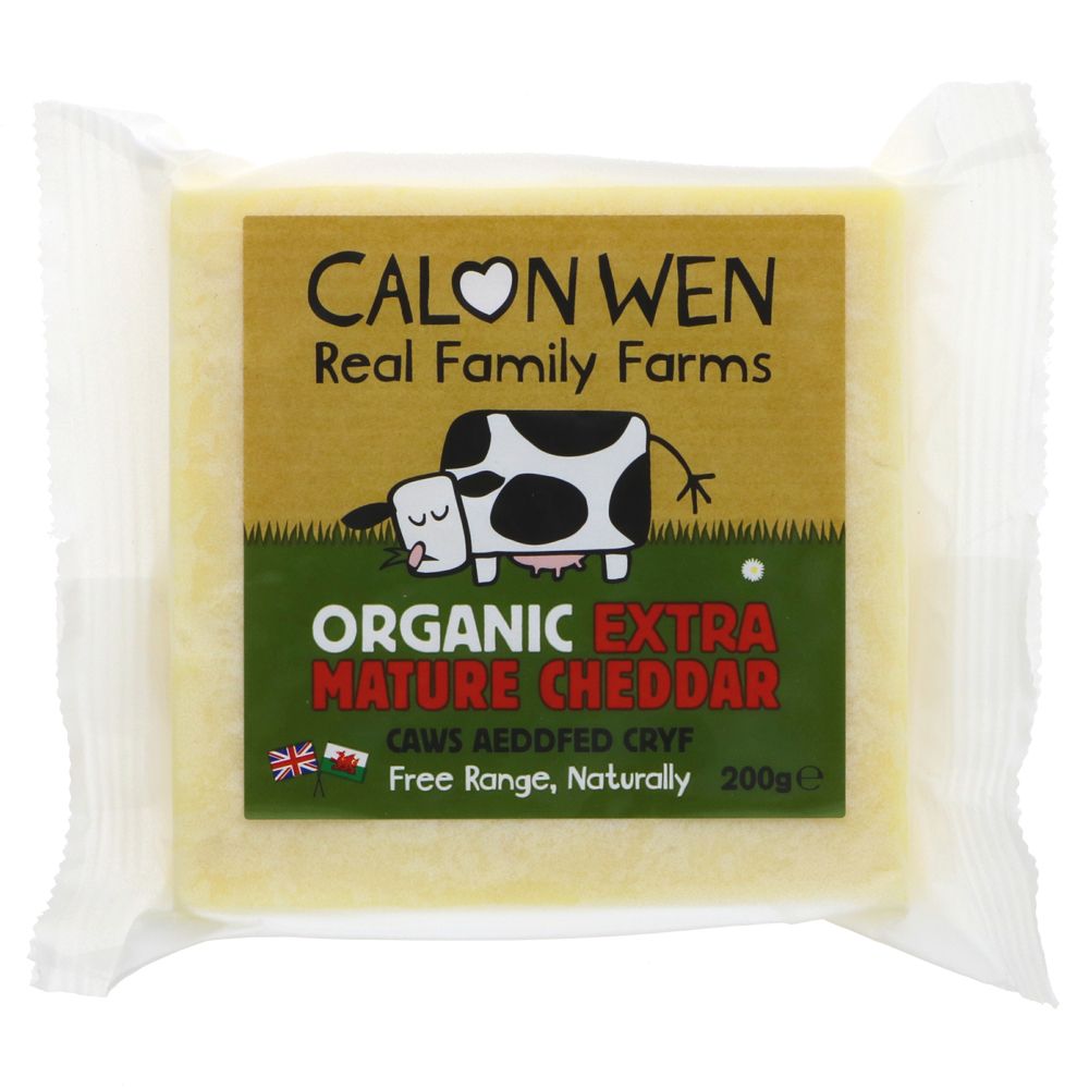 a recyclable vac-packed block of wonderful welsh organic extra mature cheddar