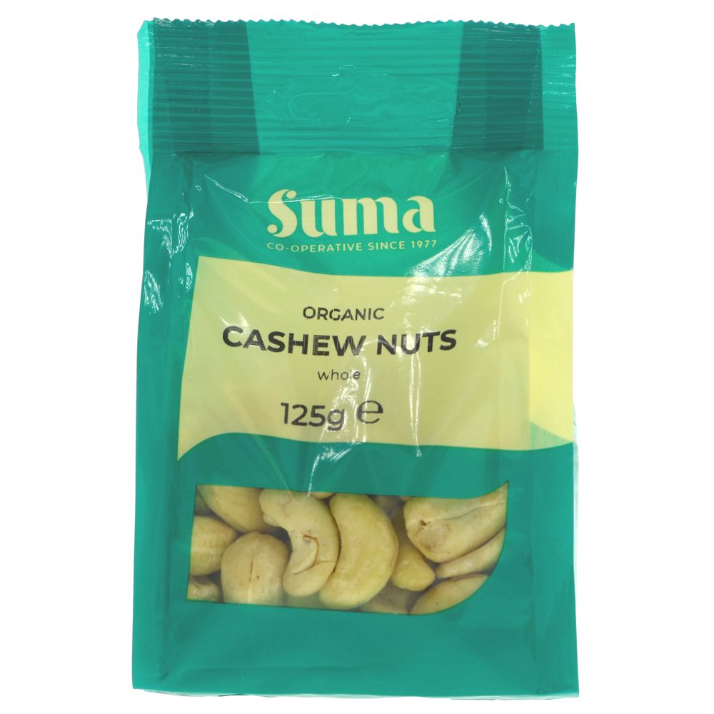 A recyclable green plastic packet of cashews