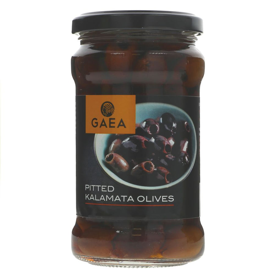 A glass jar of pitted kalamata olives with a metal lid
