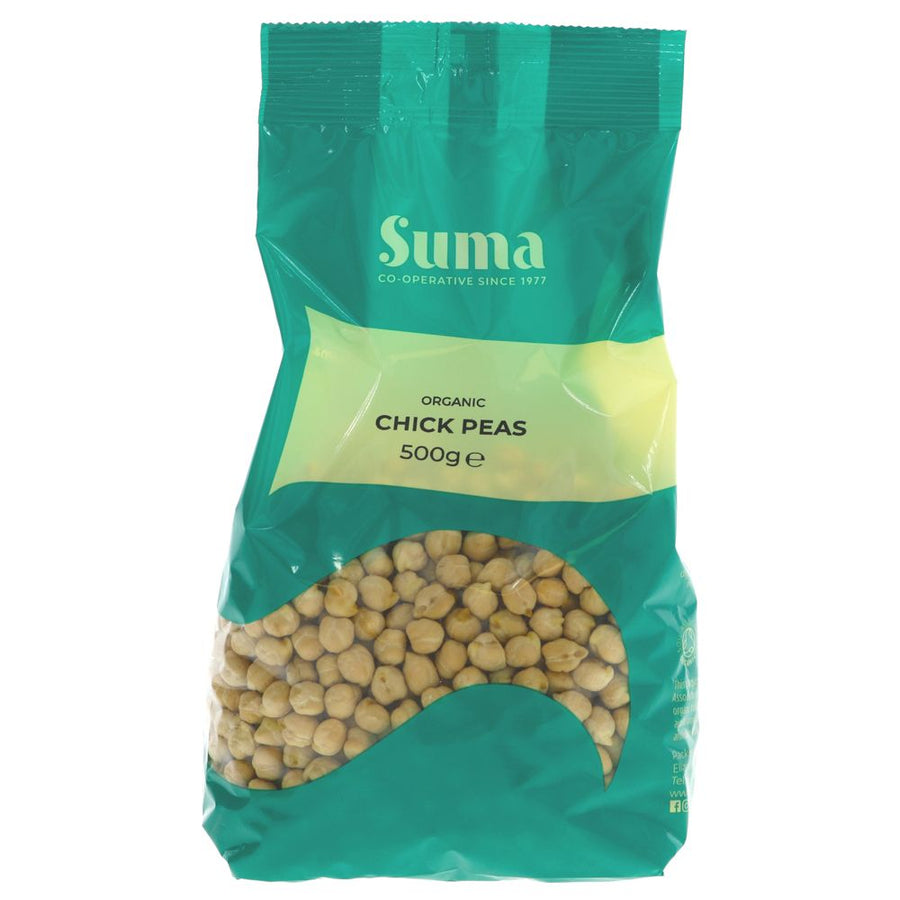 A recyclable green plastic packet of dried chickpeas