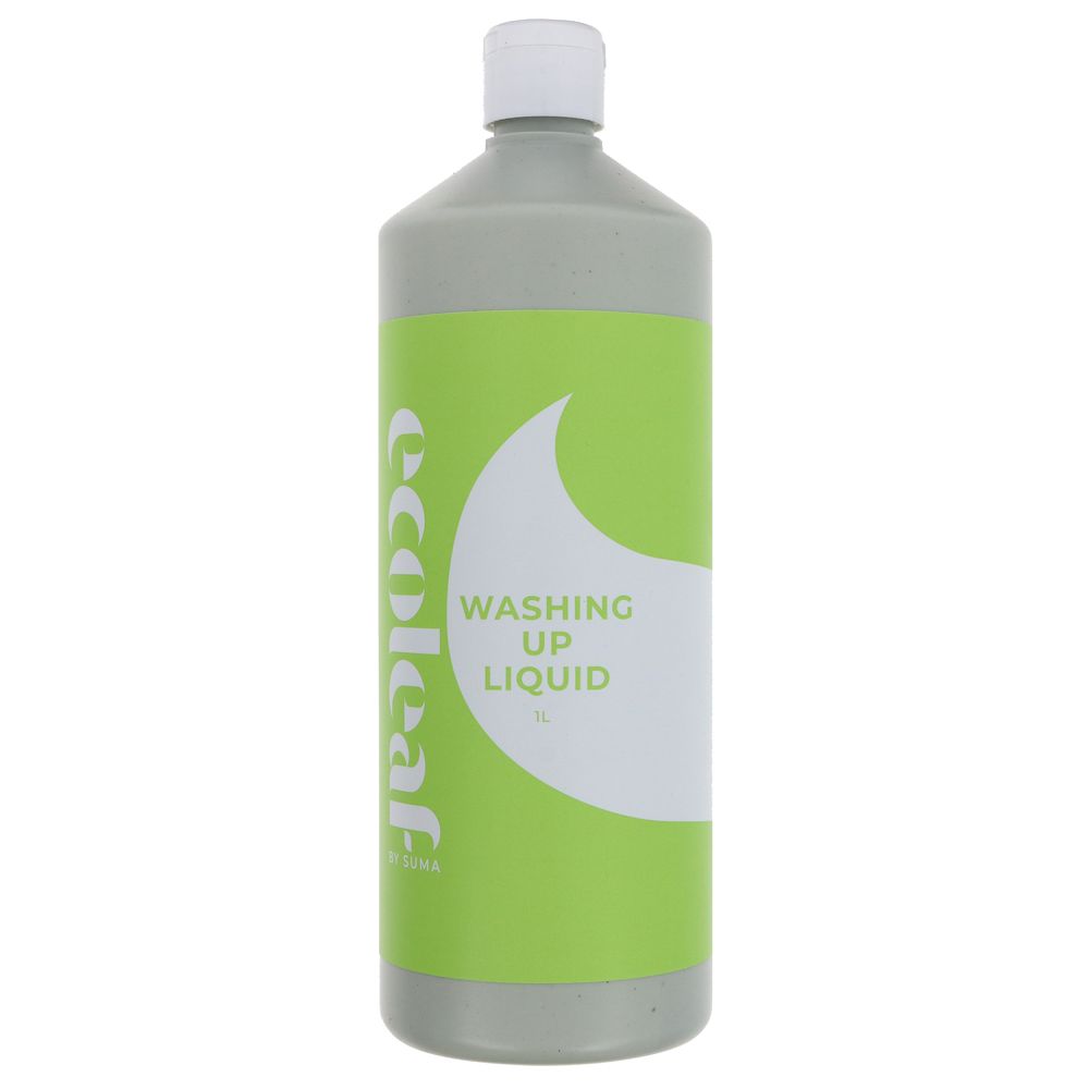 A recycled plastic bottle of washing up liquid with a squeezy lid.