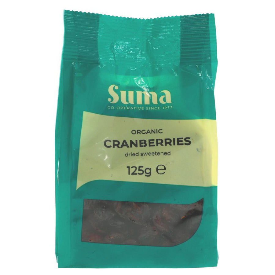 A recyclable green plastic packet of cranberries