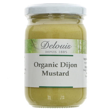 A glass jar of organic dijon mustard with a metal lid