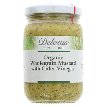 A glass jar of organic wholegrain mustard with a metal lid