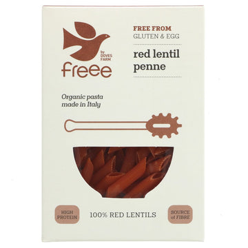 A white cardboard box of red lentil penne