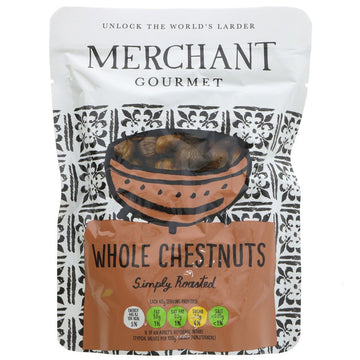 Merchant Gourmet's Whole Chestnuts have been cooked peeled and sealed in this pouch to capture their naturally sweet nutty flavour. They're wonderfully easy to use mix them straight into stuffings and stews whizz them into soups or stir them into cake mixes to add some extra texture. 180g