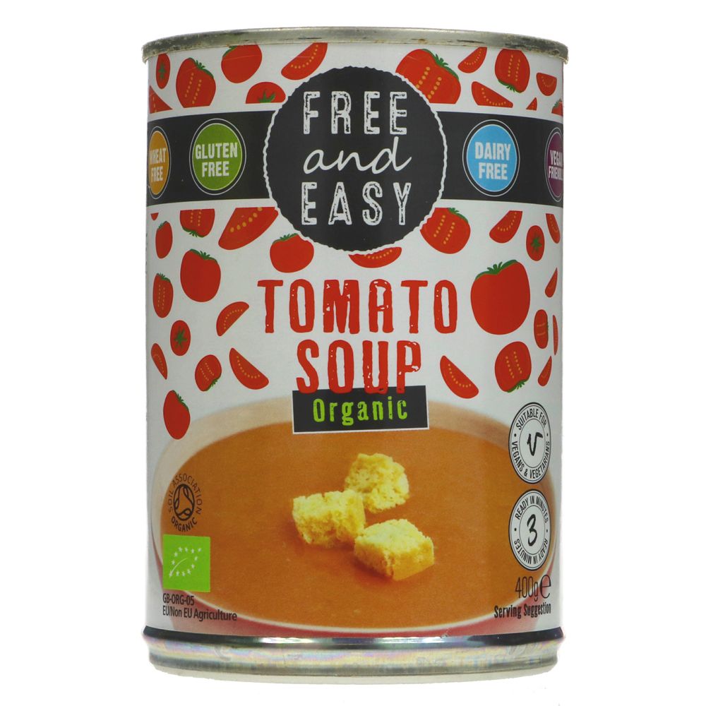 A metal tin of tomato soup with a white and red label