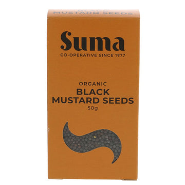 An orange cardboard box of organic black mustard seeds